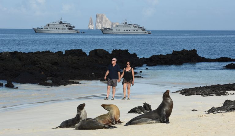 Cerro Brujo - San Cristobal in Galapagos Islands, couple tourist walking in the beach looking sea lions on the sand whit the Corals in the sea