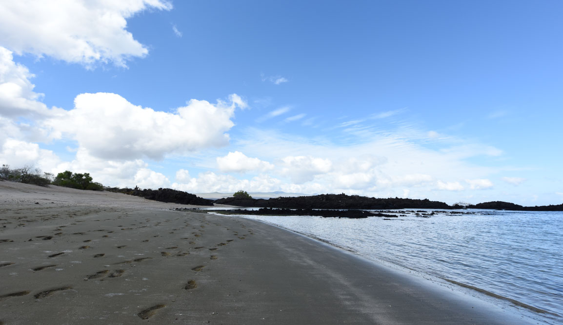 Cerro Brujo - San Cristobal in Galapagos Islands, view of the beach landscape with a blue sky