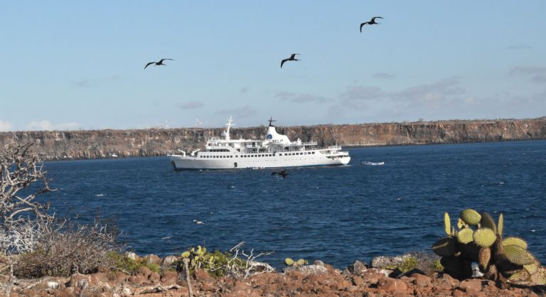 North Seymour in Galapagos Islands view of the M/V Galapagos Legend