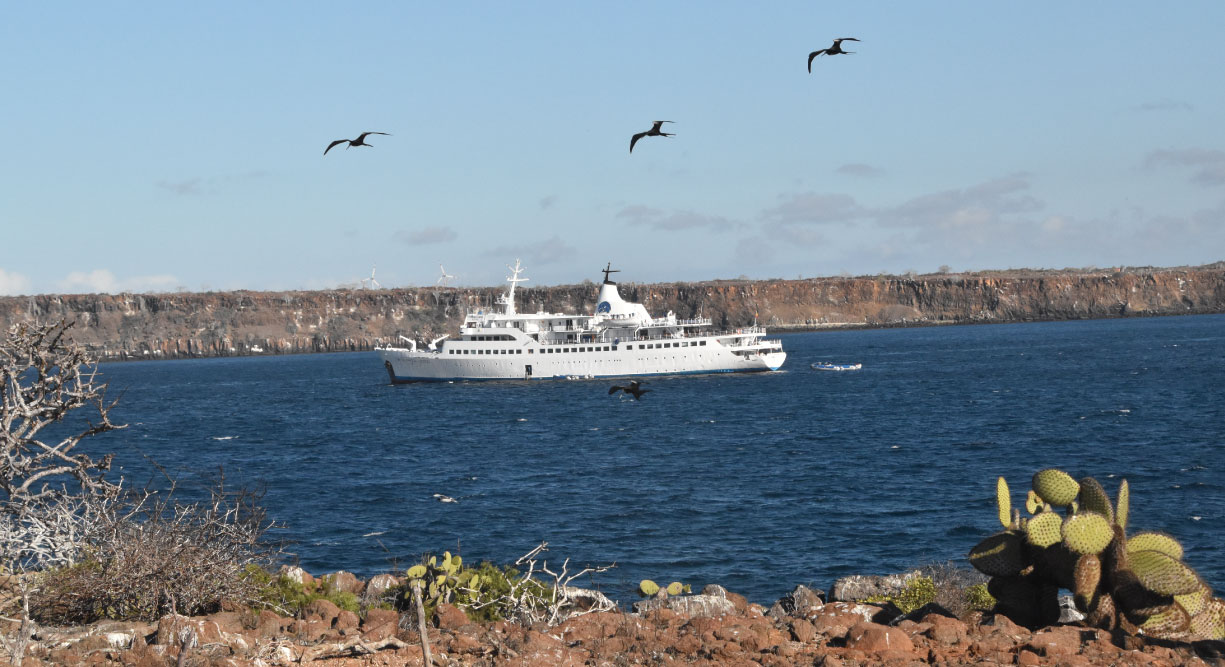 North Seymour in Galapagos Islands view of the M/V Galapagos Legend