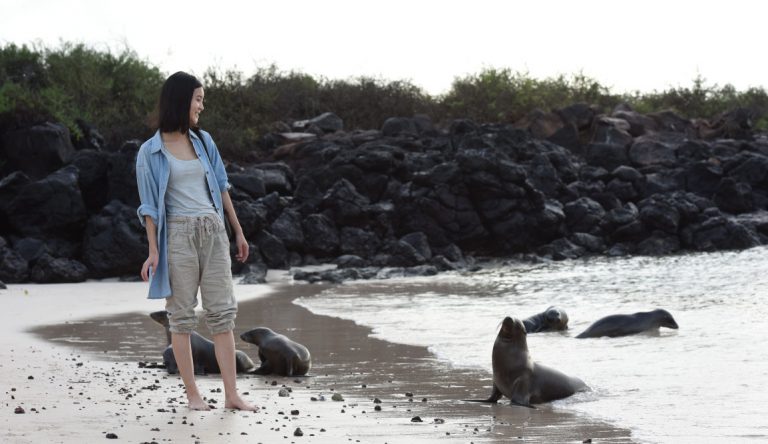 Santa Fe in Galapagos Island with Tourist looking a sea lion on the beach